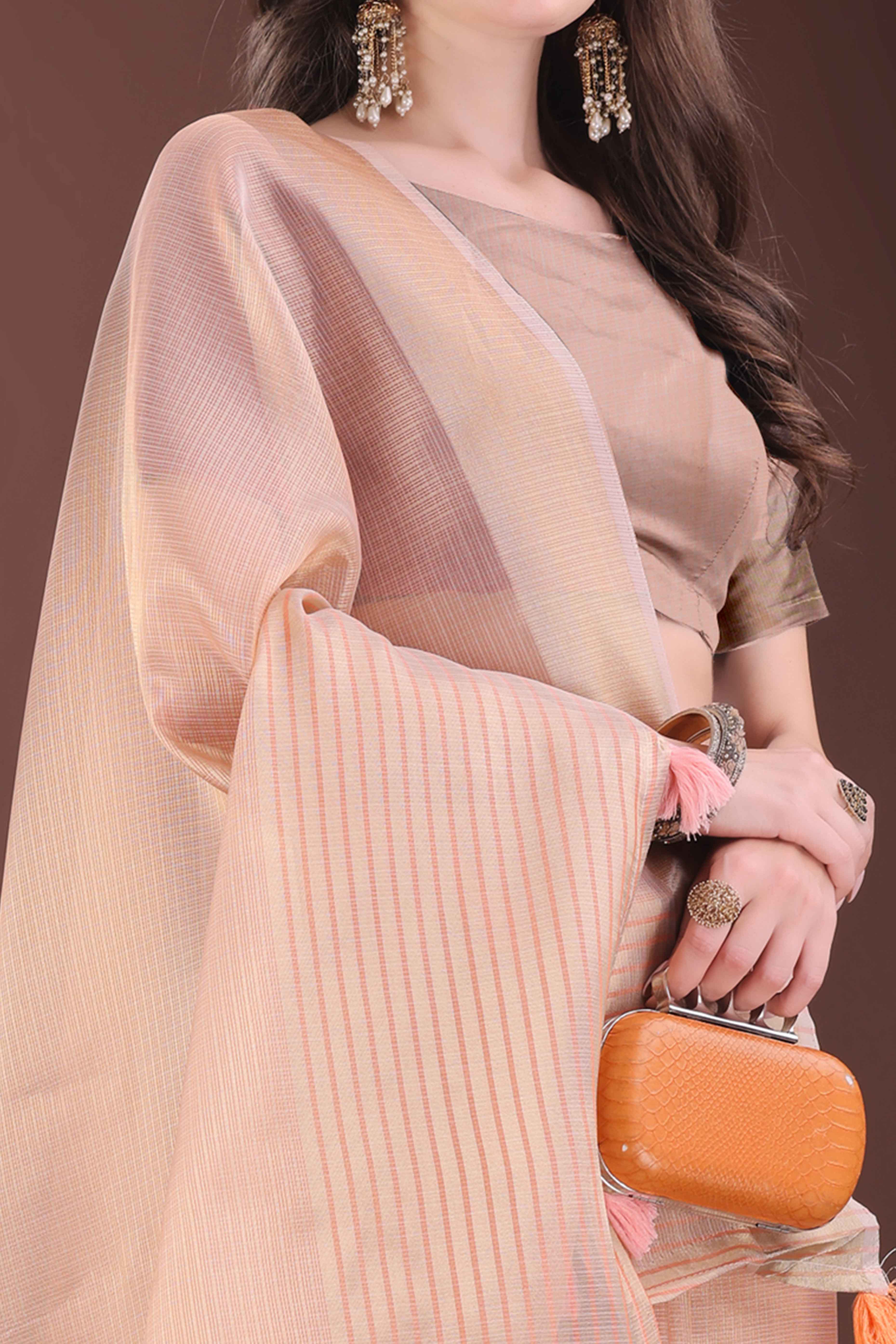 Peach Zari Woven Organza Saree With Graceful Tassel Border