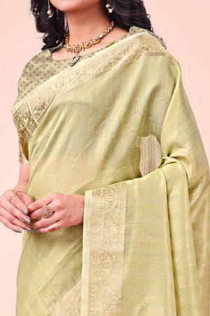 Green Organza Saree With Floral Zari Weave & Tassel Accents