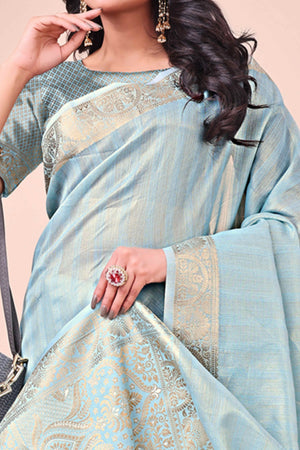 Sky Blue Organza Saree With Floral Zari Weave & Tassel Accents