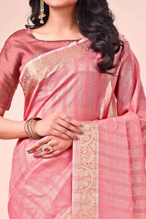 Peach Organza Saree With Floral Zari Weave & Tassel Accents