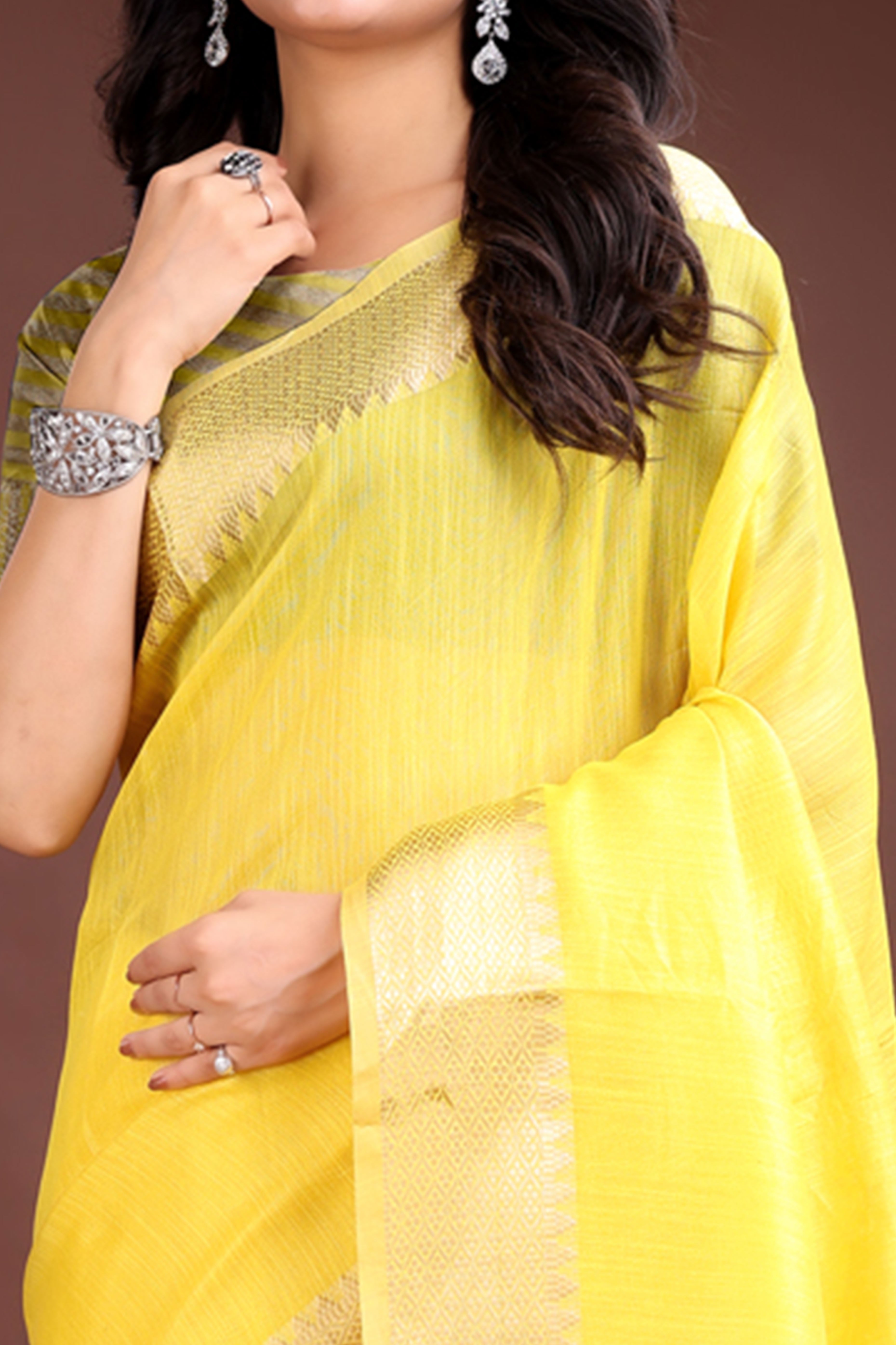 Yellow Cotton Silk Saree with Solid Zari Woven Edge and Tassels