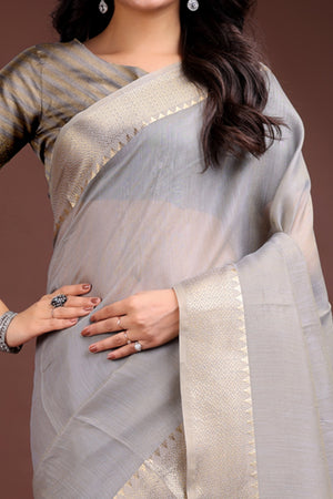 Grey Cotton Silk Saree with Solid Zari Woven Outline and Tassels