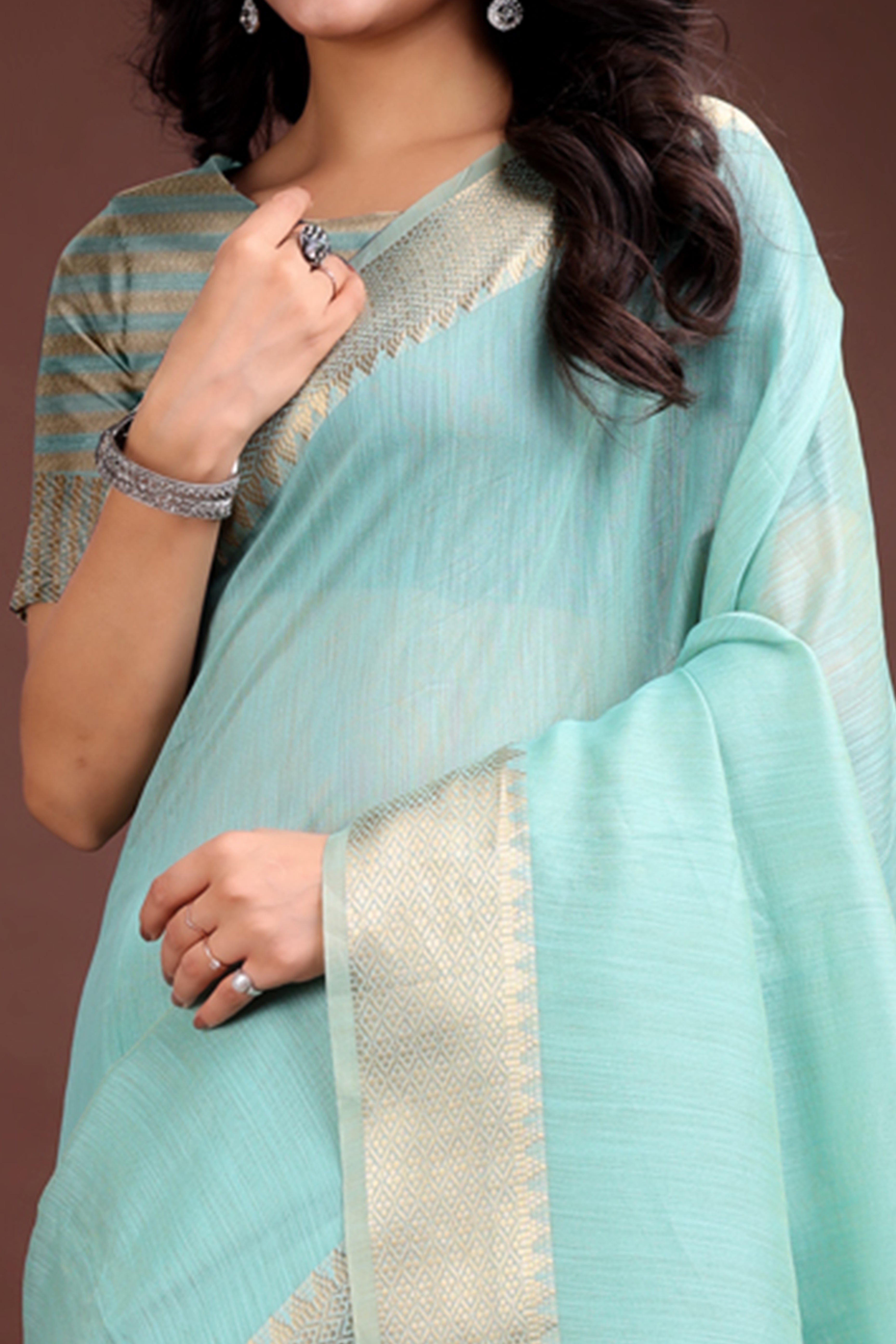 Sea Green Cotton Silk Saree with Solid Zari Woven Frame and Tassels