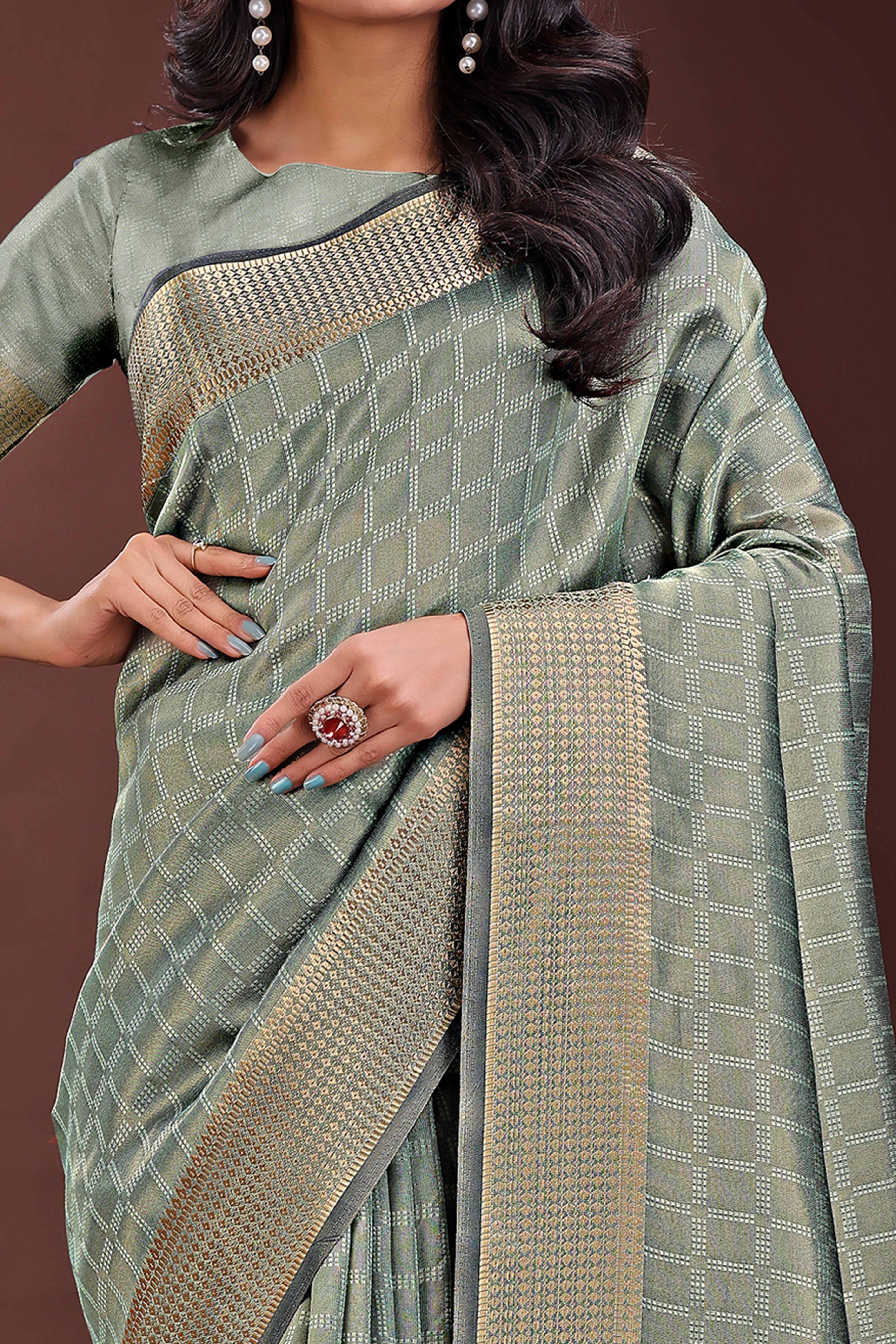 Green Organza Saree With Intricate Zari Woven Checks & Tassel Border
