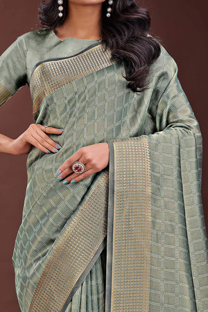 Green Organza Saree With Intricate Zari Woven Checks & Tassel Border
