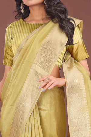 Green Solid With Zari Woven Organza Saree With Tassel Border