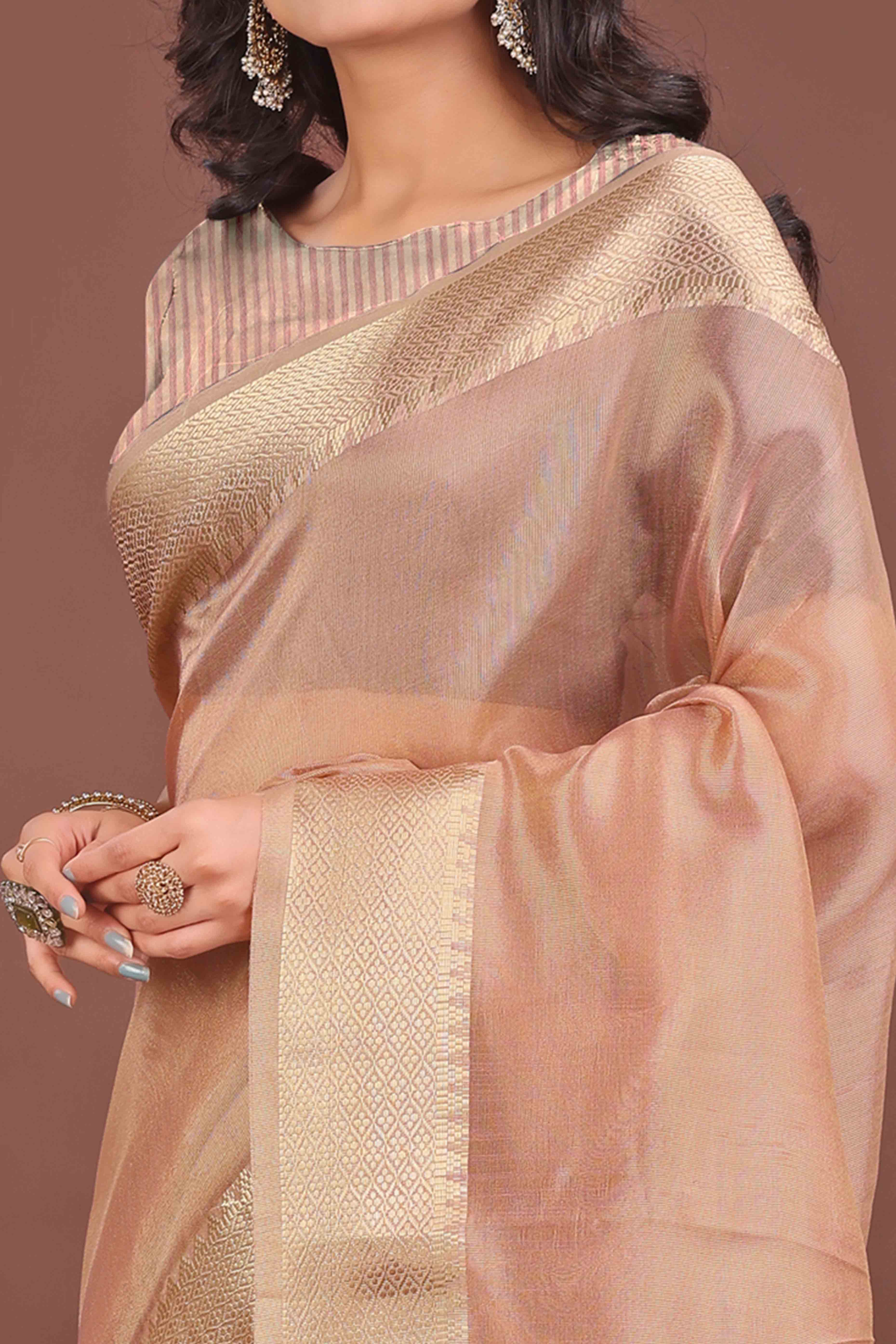 Peach Solid With Zari Woven Organza Saree With Tassel Border