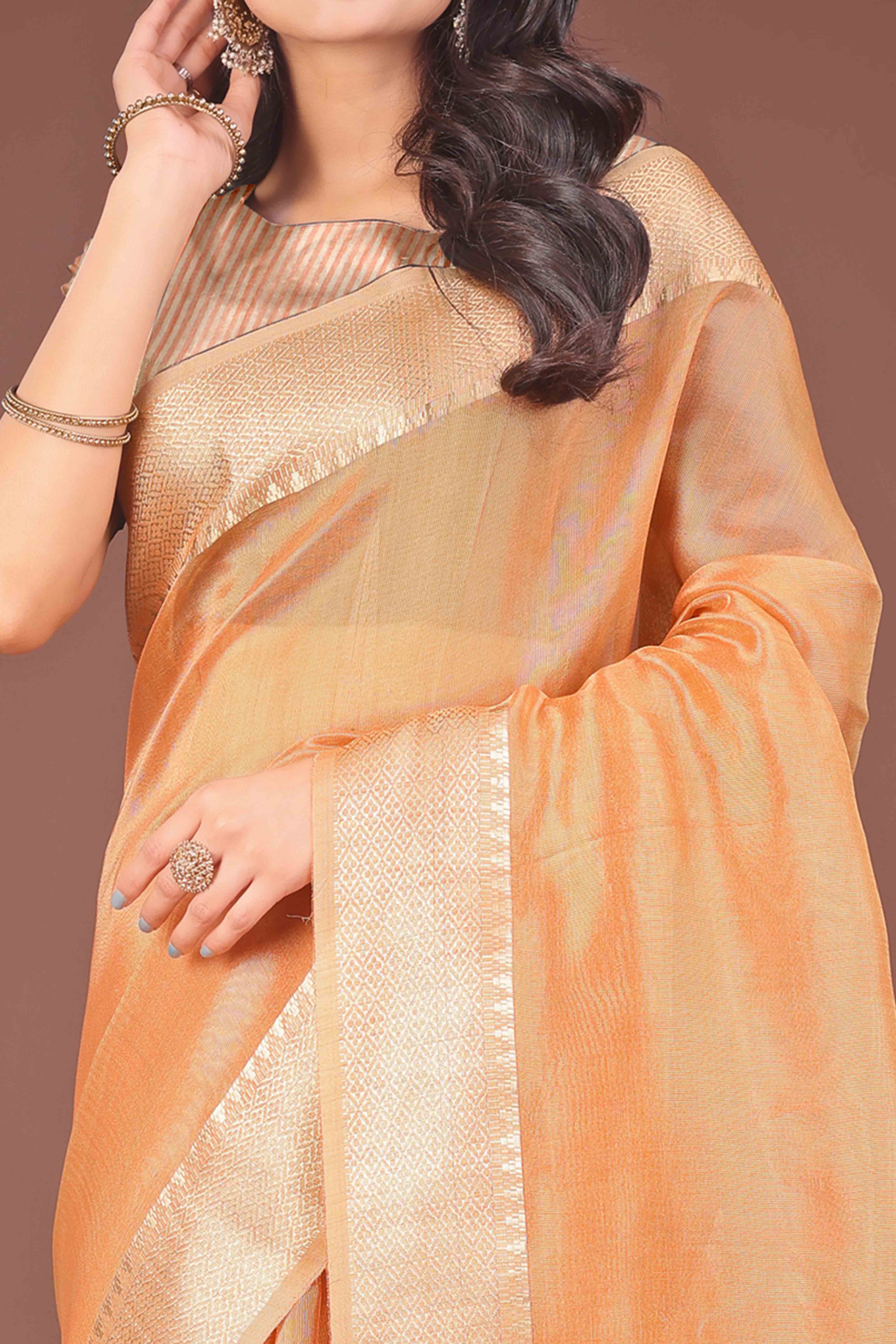 Orange Solid With Zari Woven Organza Saree With Tassel Border