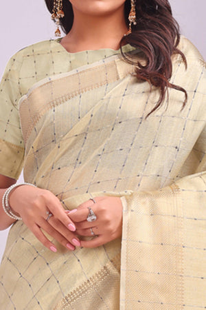 Gold Lightweight Organza Saree with Rich Zari Checks Pattern