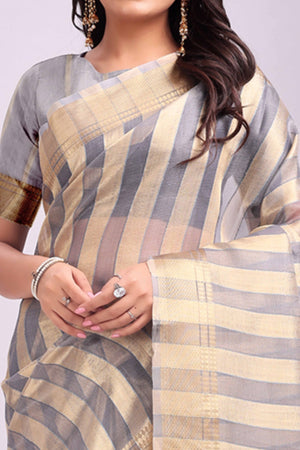 Grey Lightweight Organza Saree with Rich Zari Stripes Pattern