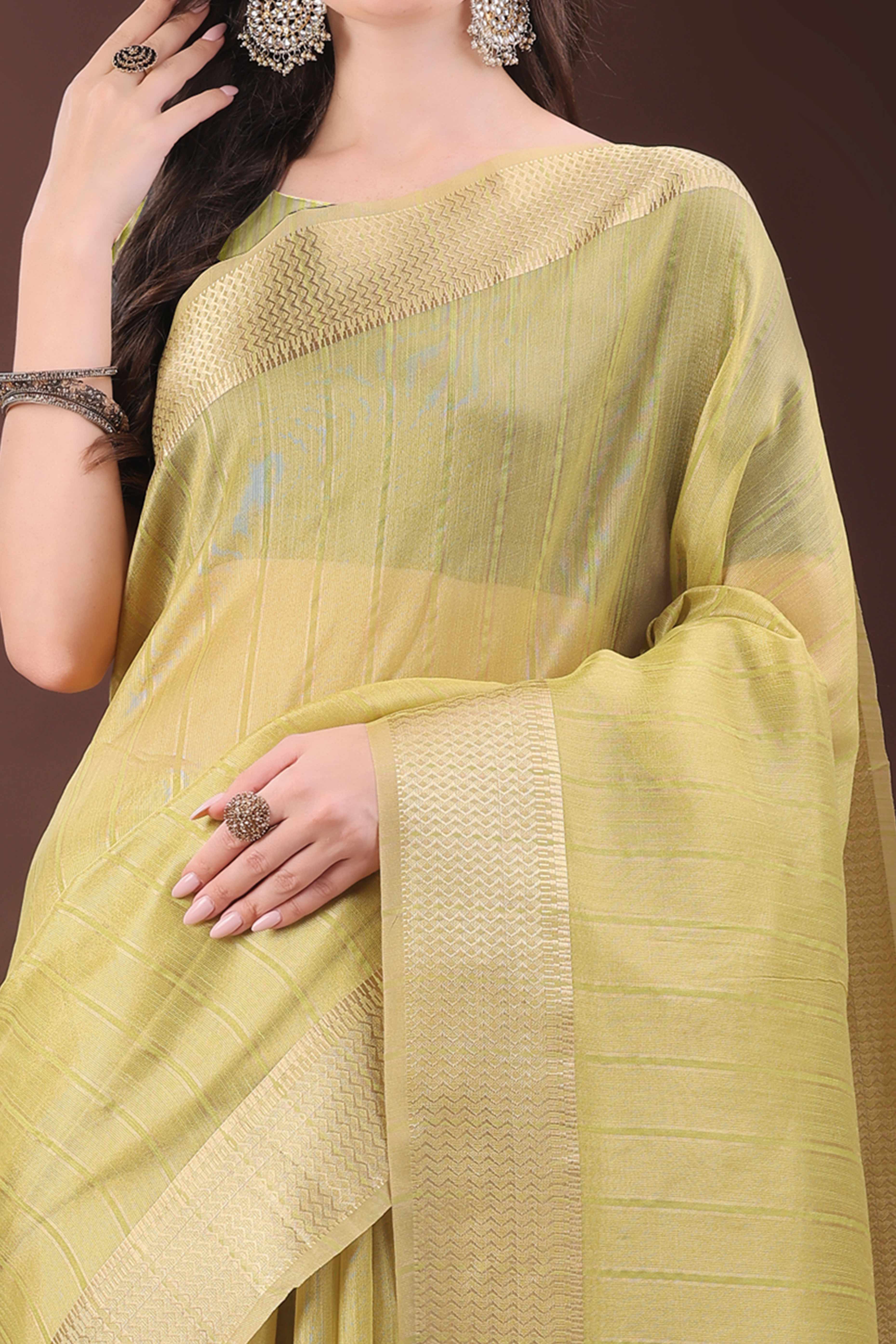 Lemon Yellow Organza Saree With Zari Woven Stripes & Elegant Tassel Border