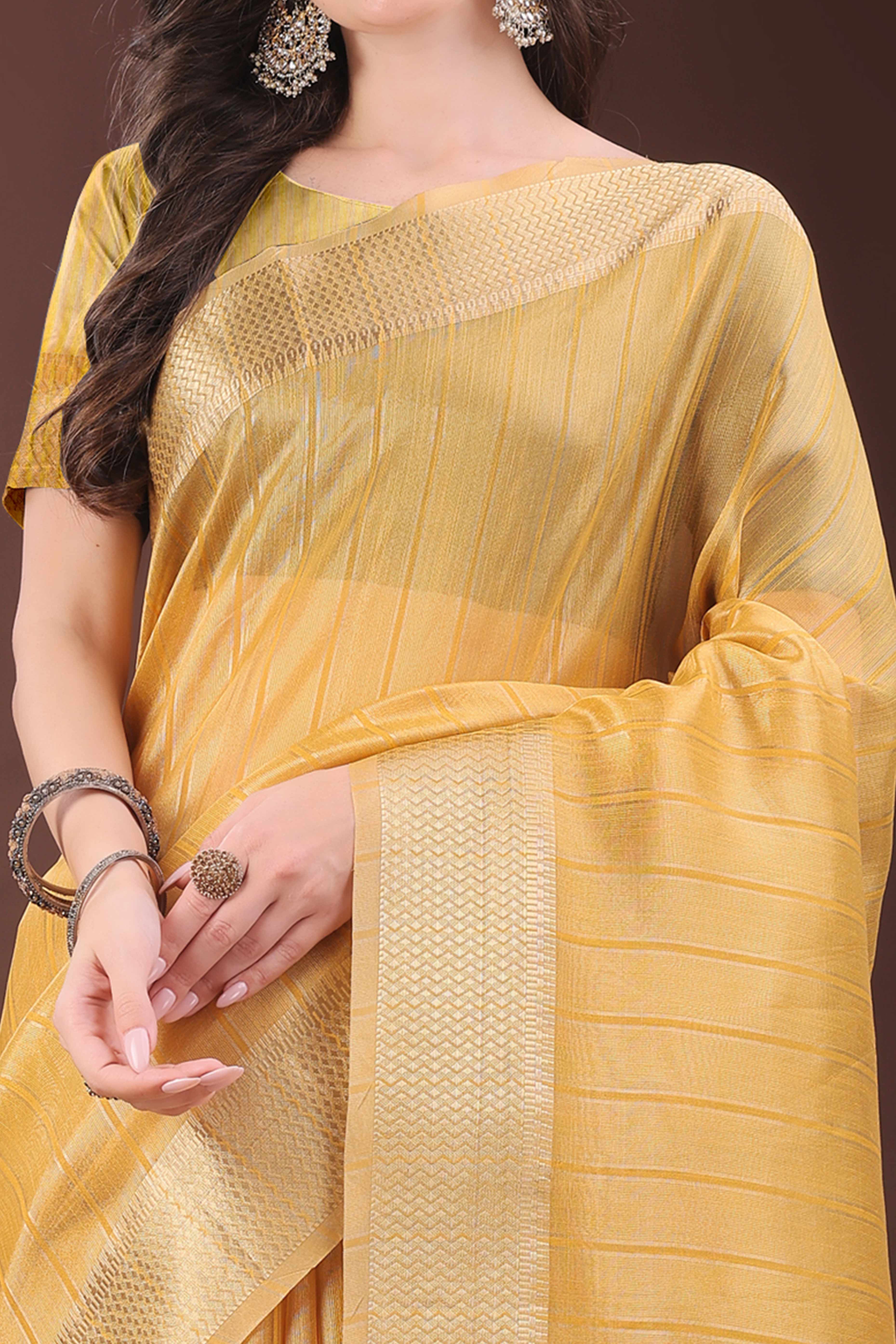 Mustard Organza Saree With Zari Woven Stripes & Elegant Tassel Border