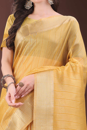 Mustard Organza Saree With Zari Woven Stripes & Elegant Tassel Border
