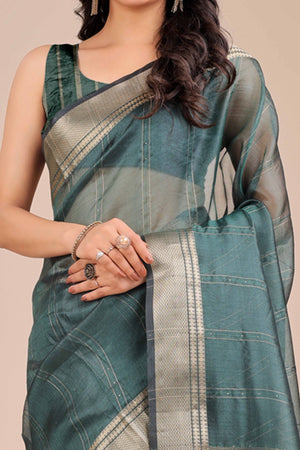 Dark Green Hue Organza Saree with Shimmering Zari Border Weave