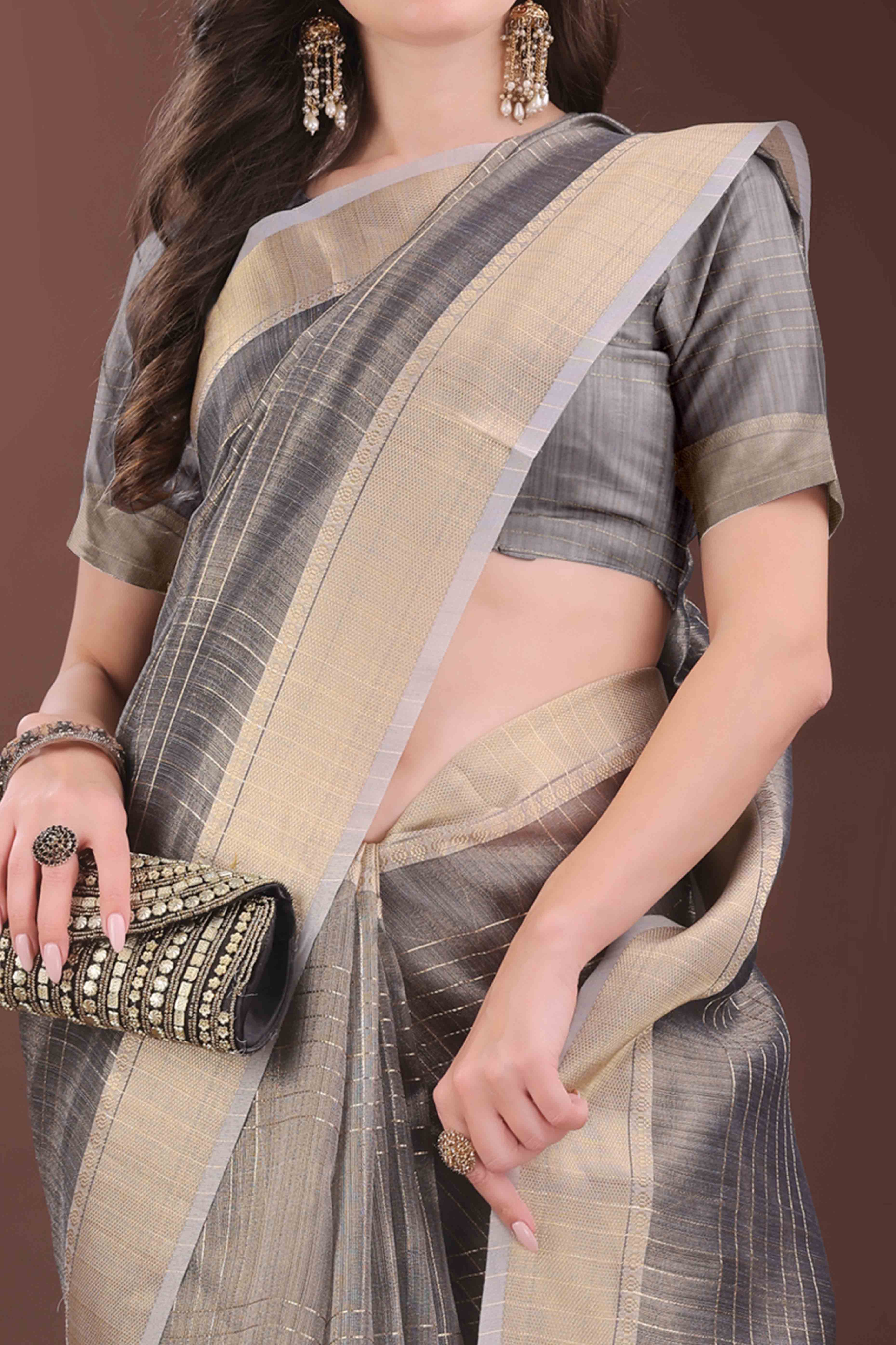 Grey Organza Saree With Zari Weaving Check Patterns & Elegant Tassel Accents