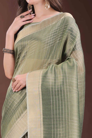 Green Organza Saree With Zari Weaving Check Patterns & Elegant Tassel Accents