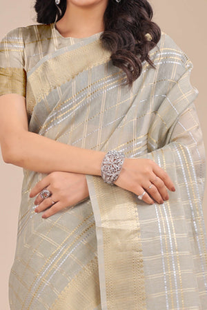 Sea Green Organza Saree with Checkered Zari Weaving and Tassel Detailing