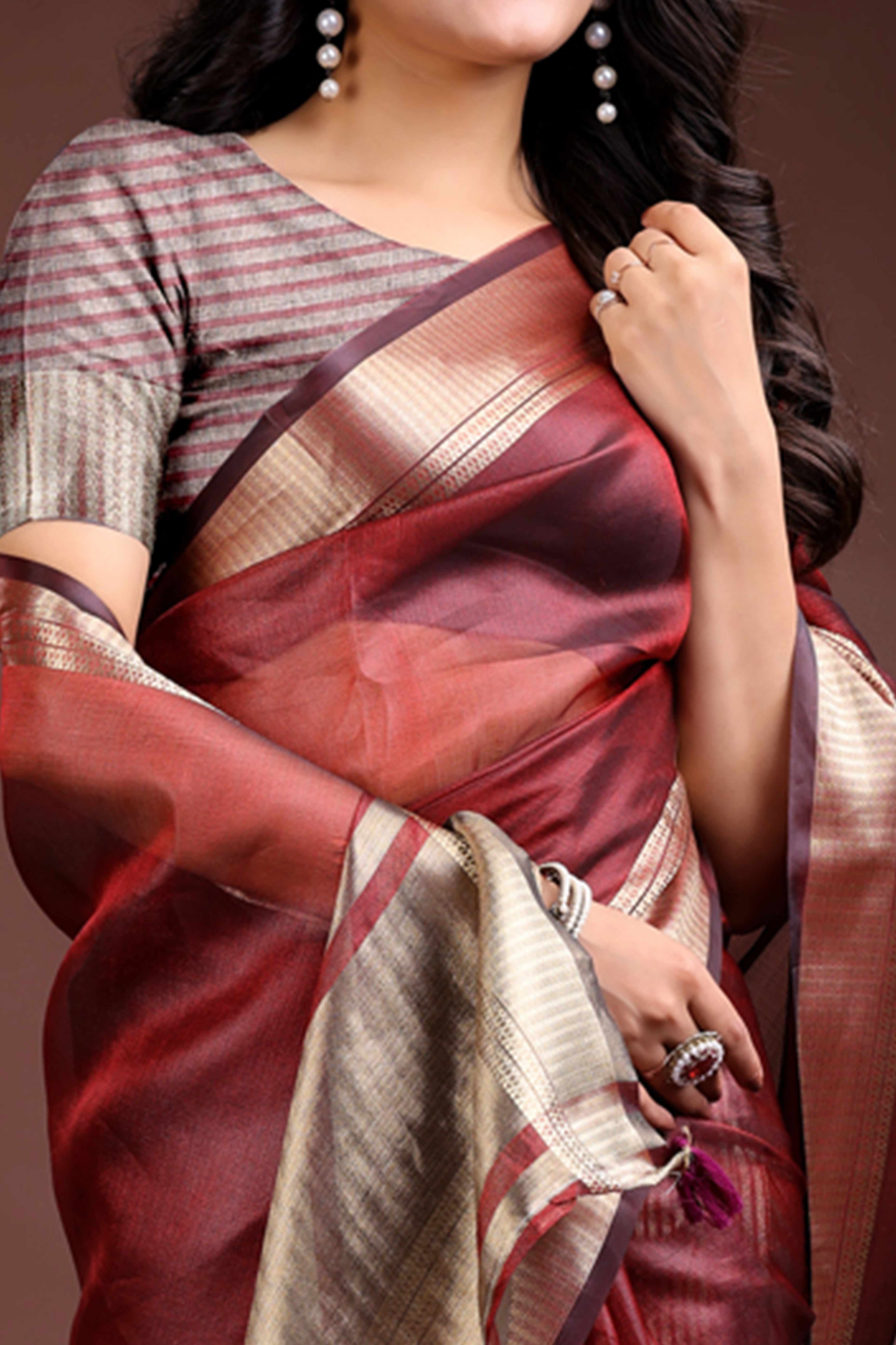 Red Organza Saree with Zari Border Weaving Elegance