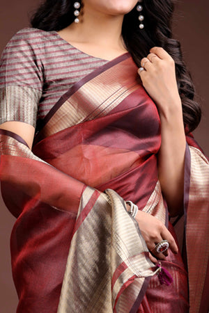 Red Organza Saree with Zari Border Weaving Elegance