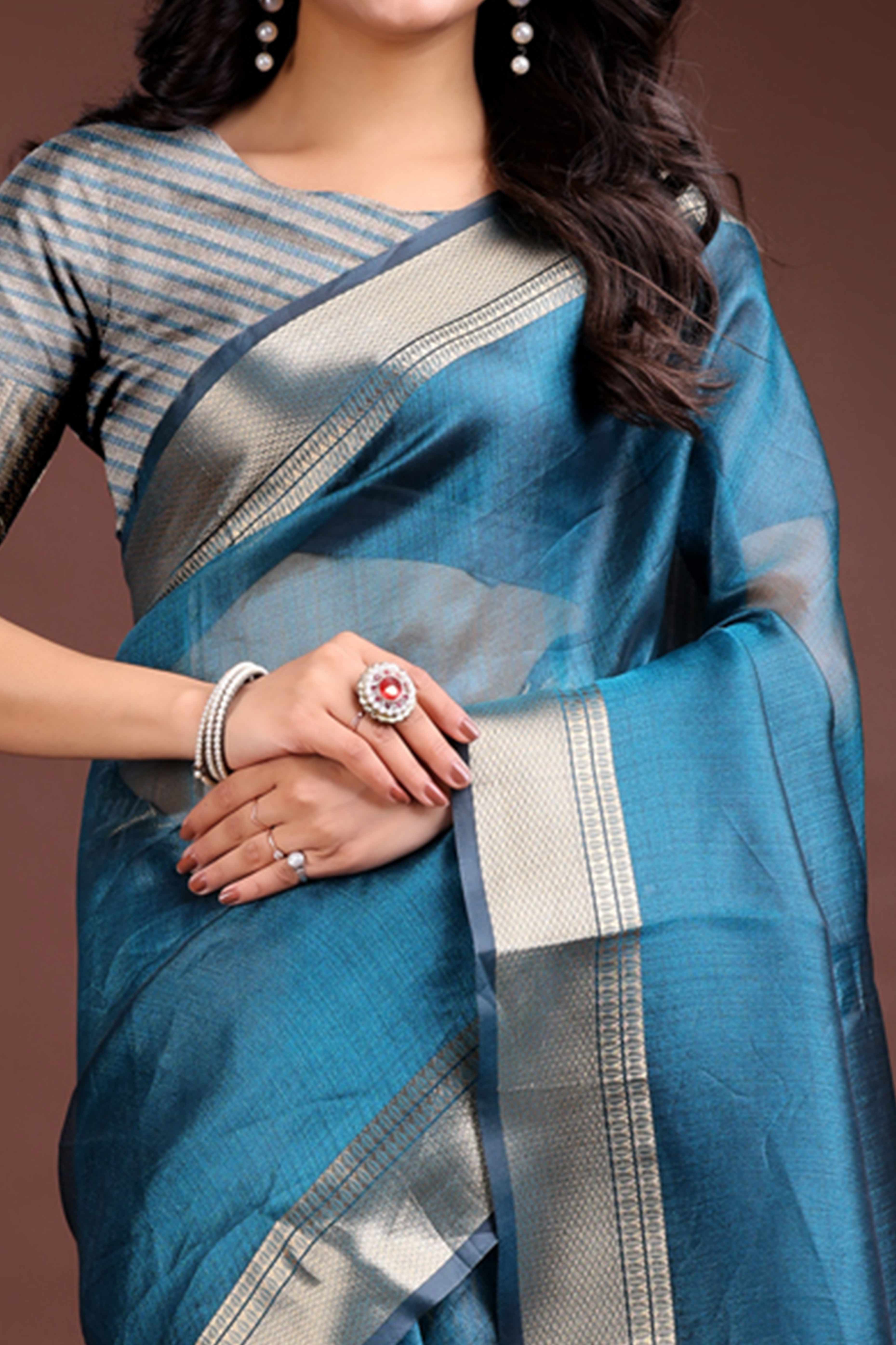 Teal Organza Saree with Zari Border Weaving Grace