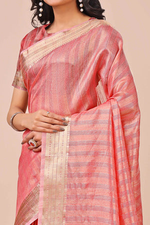 Coral Pink Organza Saree With Intricate Weave & Elegant Tassel Accents