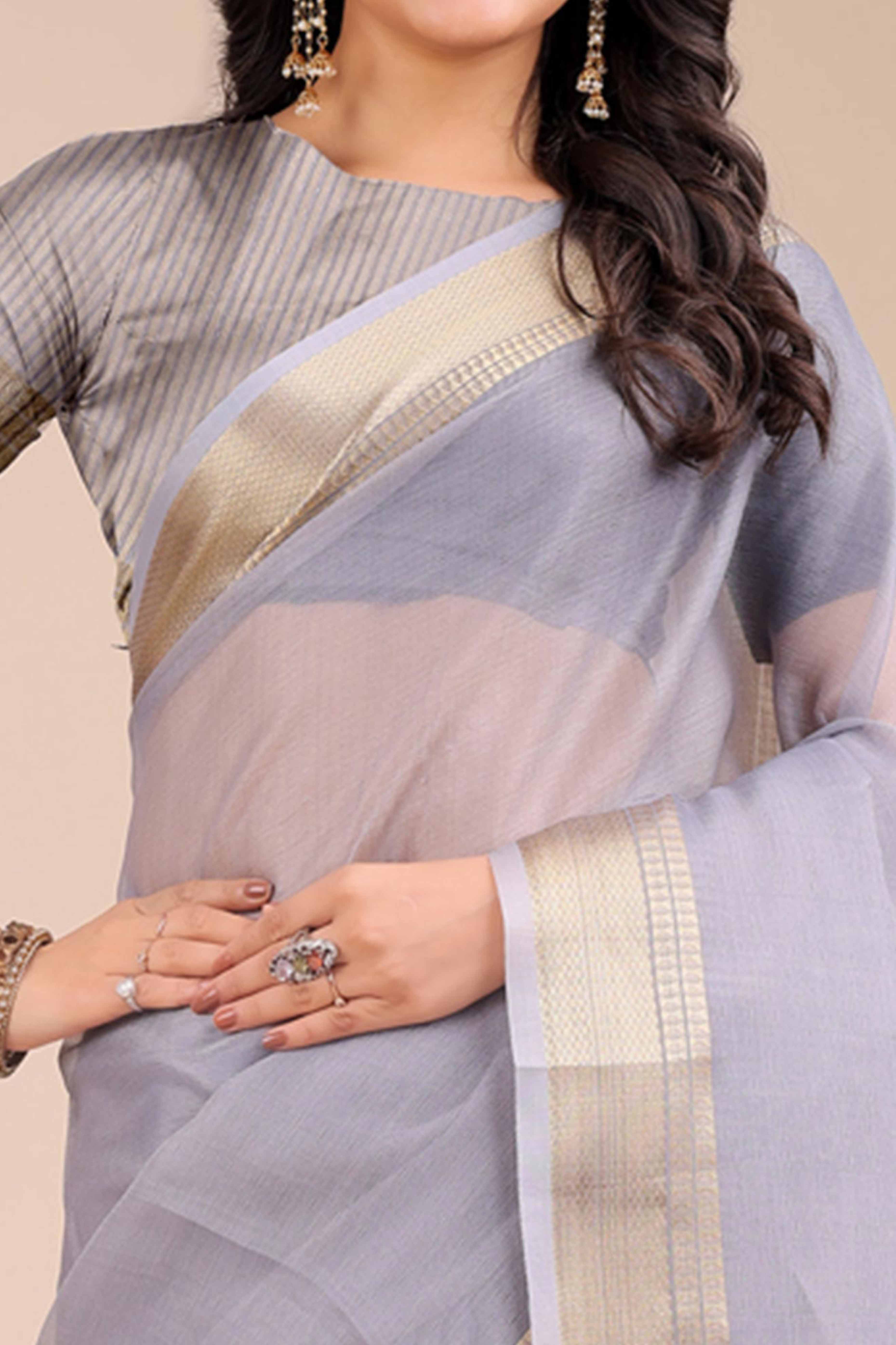 Soft Grey Organza Saree with Detailed Zari Woven Edging