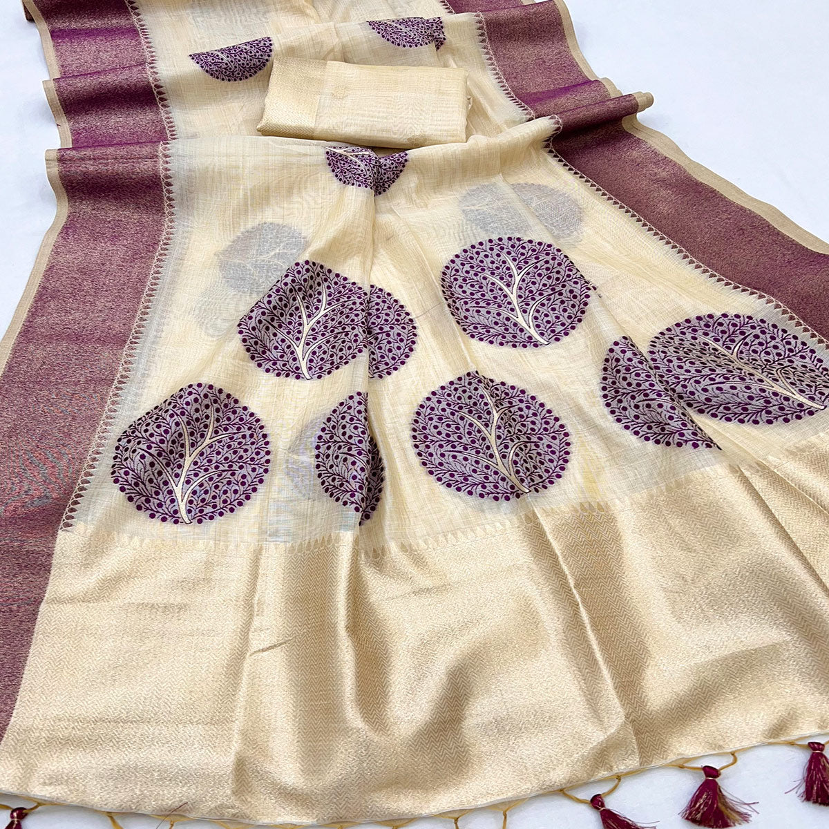 Beige & Purple Meenakari Crafted Soft Muga Cotton Saree Designed for Elegant Festive Styling