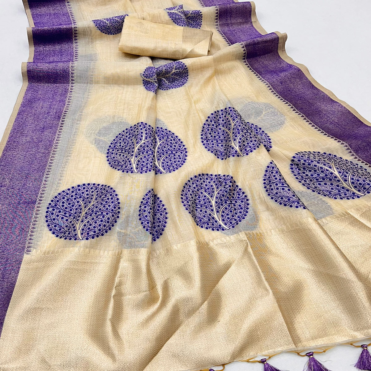Beige & Blue Meenakari Crafted Soft Muga Cotton Saree Designed for Elegant Festive Styling