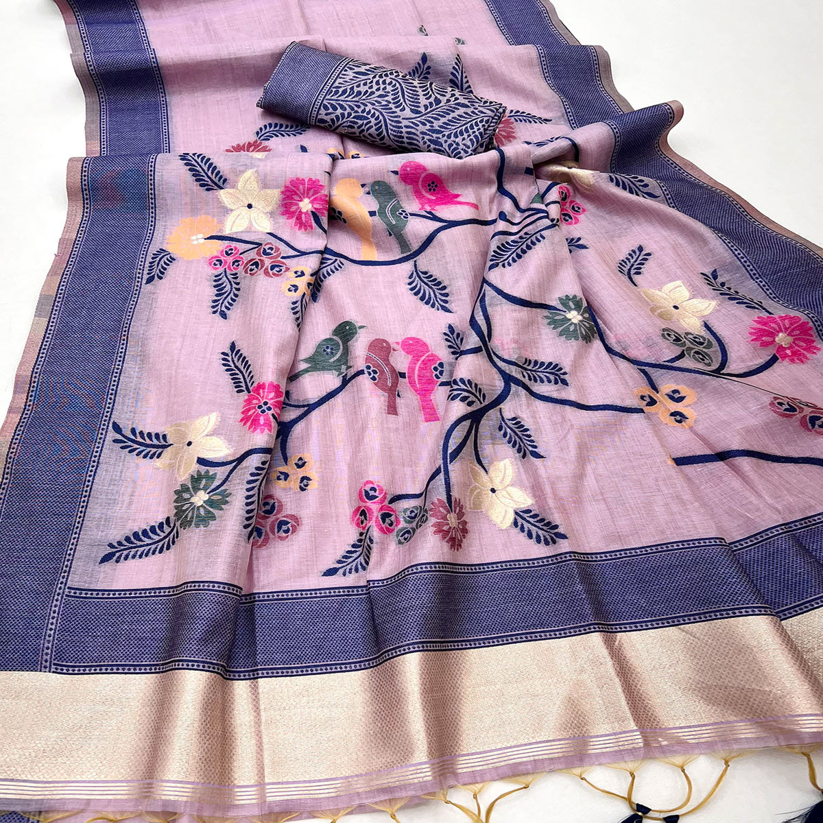 Lavender Meenakari Weaving Soft Muga Cotton Saree Designed for a Graceful Ethnic Appeal
