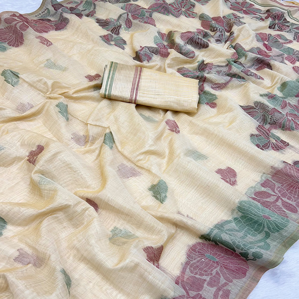 Beige Handwoven Soft Muga Cotton Saree Decorated with Fine Meenakari Weaving Patterns