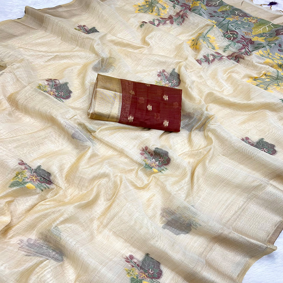 Beige Traditional Soft Muga Cotton Saree Elevated with Rich Meenakari Weaving Detailing