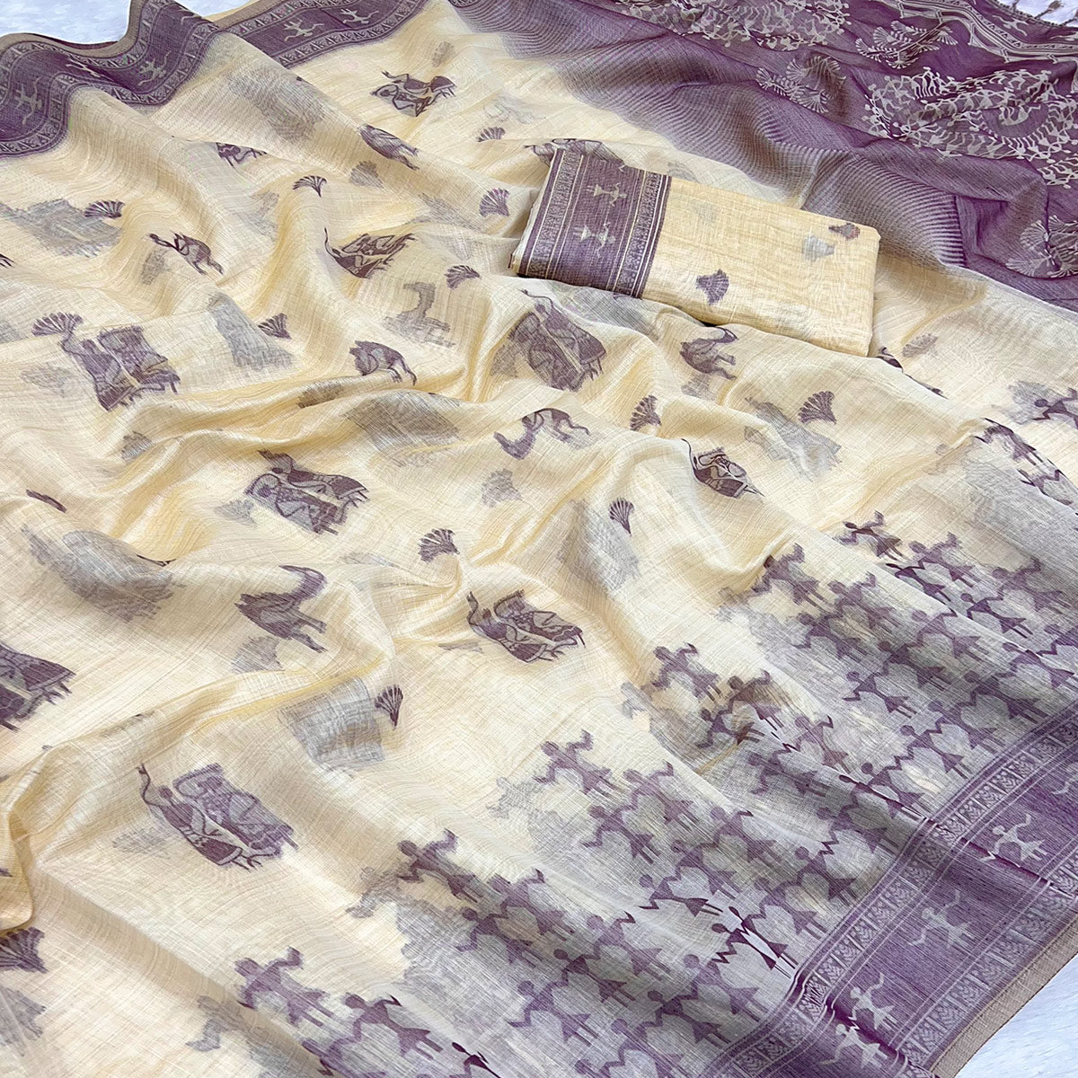 Beige & Purple Meenakari Crafted Soft Muga Cotton Saree Designed for Elegant Festive Style