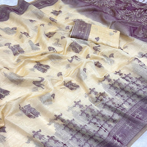 Beige & Purple Meenakari Crafted Soft Muga Cotton Saree Designed for Elegant Festive Style