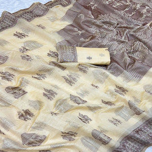 Beige Meenakari Weaving Soft Muga Cotton Saree Designed for Elegant Festive Wear