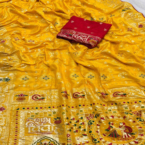 Yellow Artistic Meenakari Zari Woven Muslin Soft Saree with Smooth Fall
