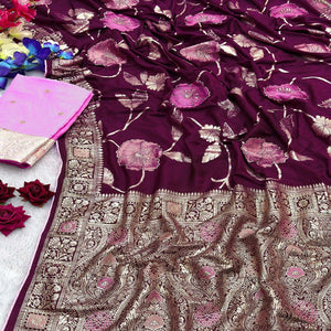 Purple Graceful Soft Muslin Saree Highlighted with Premium Meenakari Zari Work