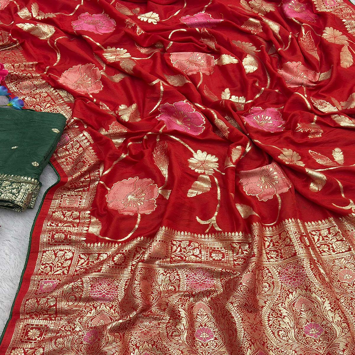 Red Graceful Soft Muslin Saree Highlighted with Premium Meenakari Zari Work