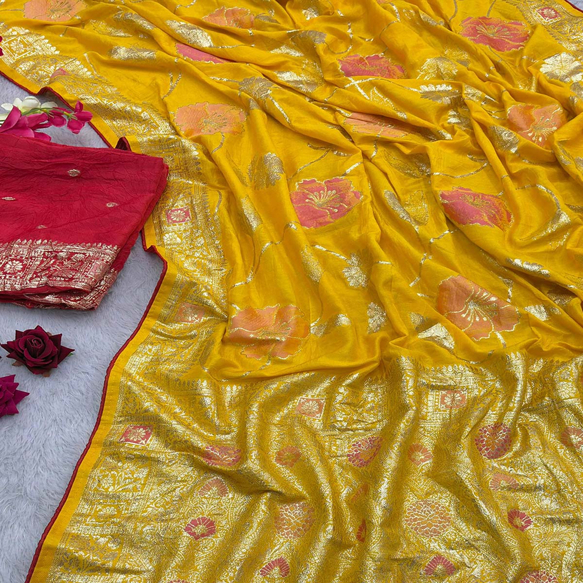 Yellow Graceful Soft Muslin Saree Highlighted with Premium Meenakari Zari Work