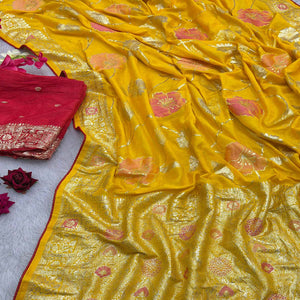 Yellow Graceful Soft Muslin Saree Highlighted with Premium Meenakari Zari Work