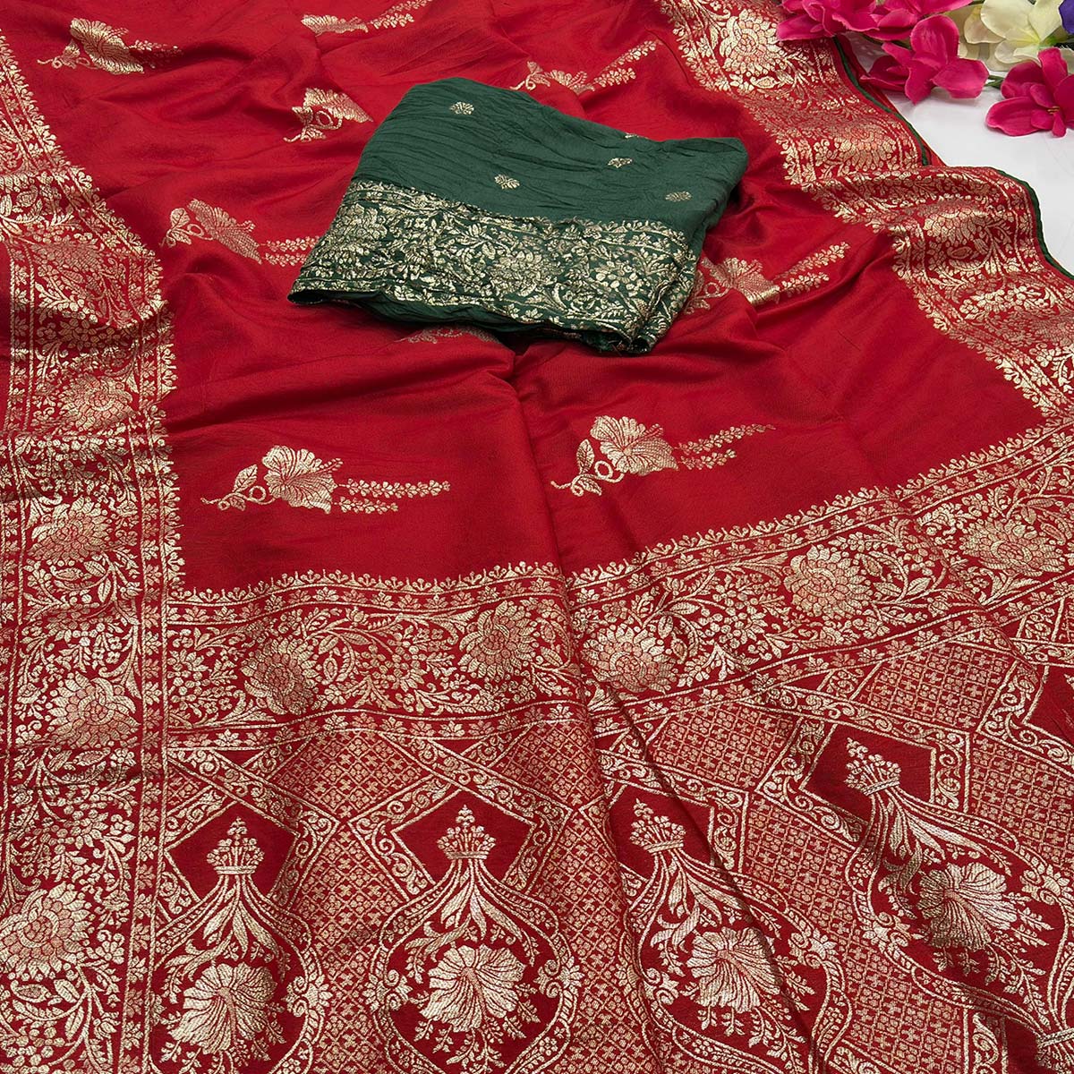 Red Traditional Muslin Soft Saree Featuring Luxurious Meenakari Zari Patterns