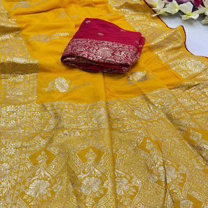 Yellow Traditional Muslin Soft Saree Featuring Luxurious Meenakari Zari Patterns