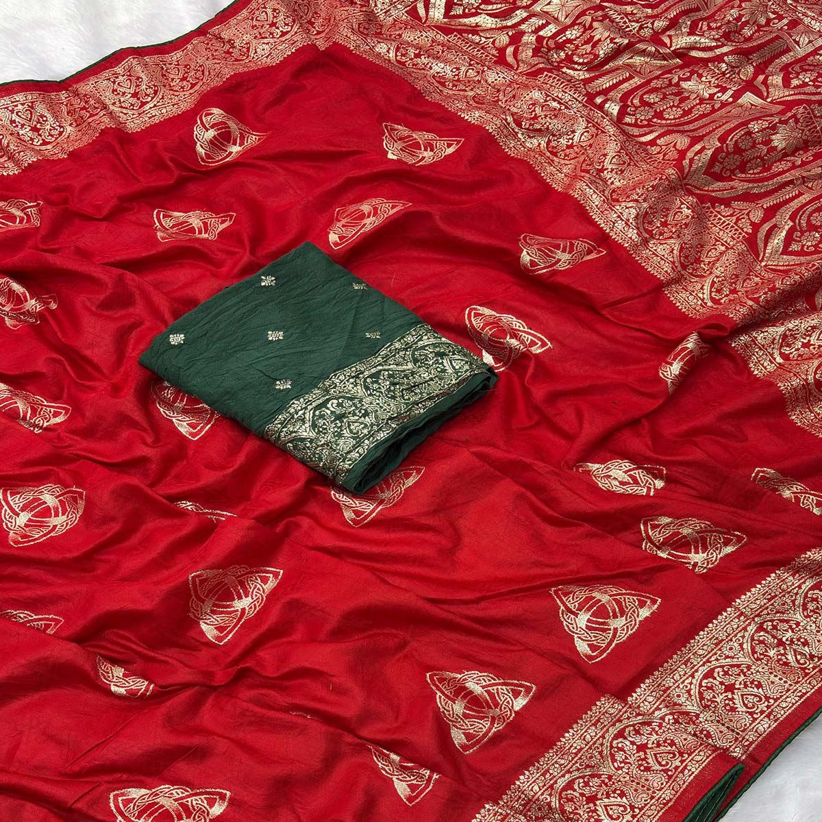 Red Festive Wear Muslin Soft Saree Enriched with Intricate Meenakari Zari Designs