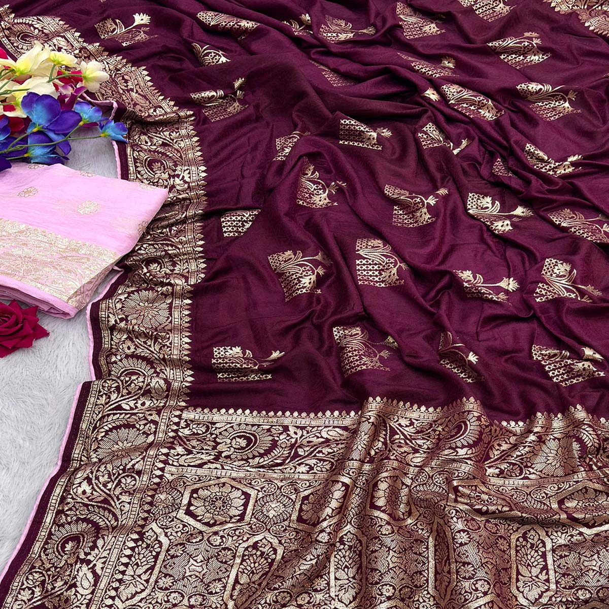 Purple Elegant Soft Muslin Saree with Fine Meenakari Zari Woven Motifs