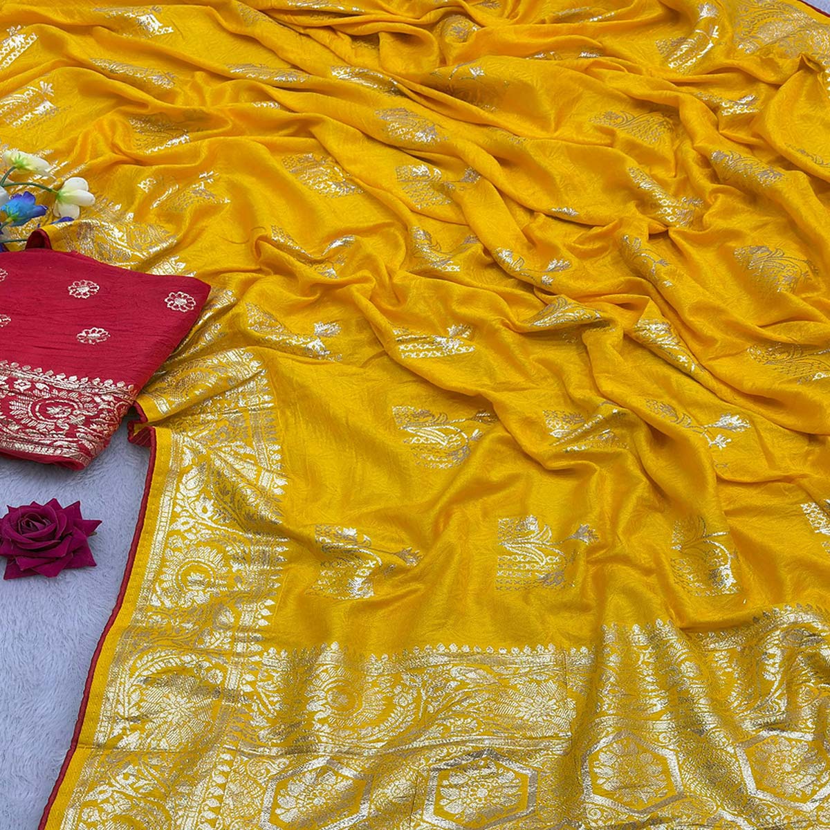Yellow Elegant Soft Muslin Saree with Fine Meenakari Zari Woven Motifs