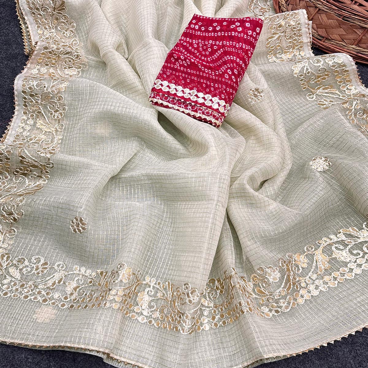 Cream Pure Kota Doria Saree Adorned with Exquisite Gota Work Embroidery