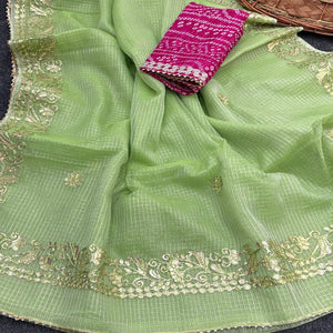 Green Pure Kota Doria Saree Adorned with Exquisite Gota Work Embroidery
