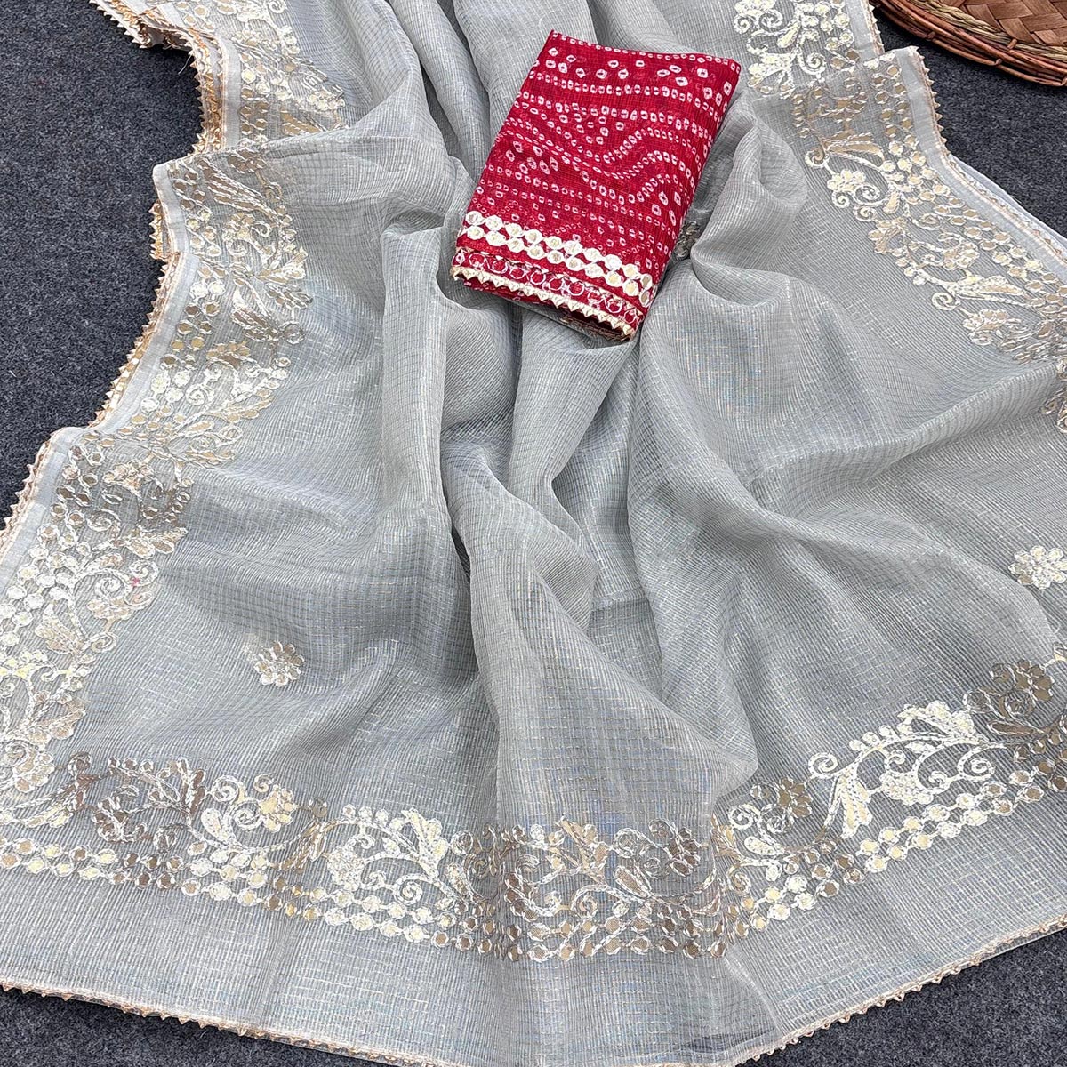 Grey Pure Kota Doria Saree Adorned with Exquisite Gota Work Embroidery
