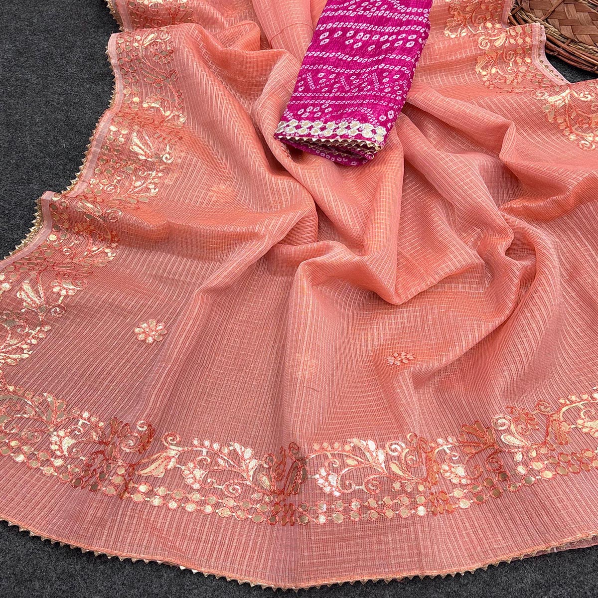 Peach Pure Kota Doria Saree Adorned with Exquisite Gota Work Embroidery