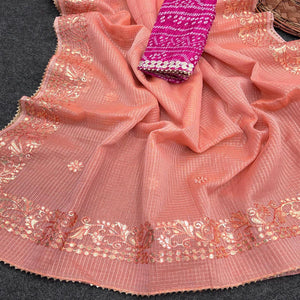 Peach Pure Kota Doria Saree Adorned with Exquisite Gota Work Embroidery