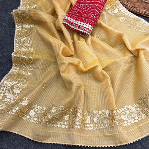 Yellow Pure Kota Doria Saree Adorned with Exquisite Gota Work Embroidery
